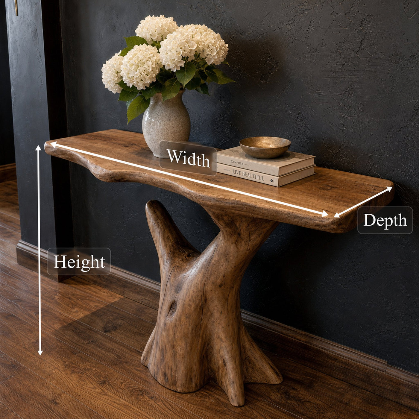 Rustic Sculptural Console Table Natural Wood Living Room - product view 6