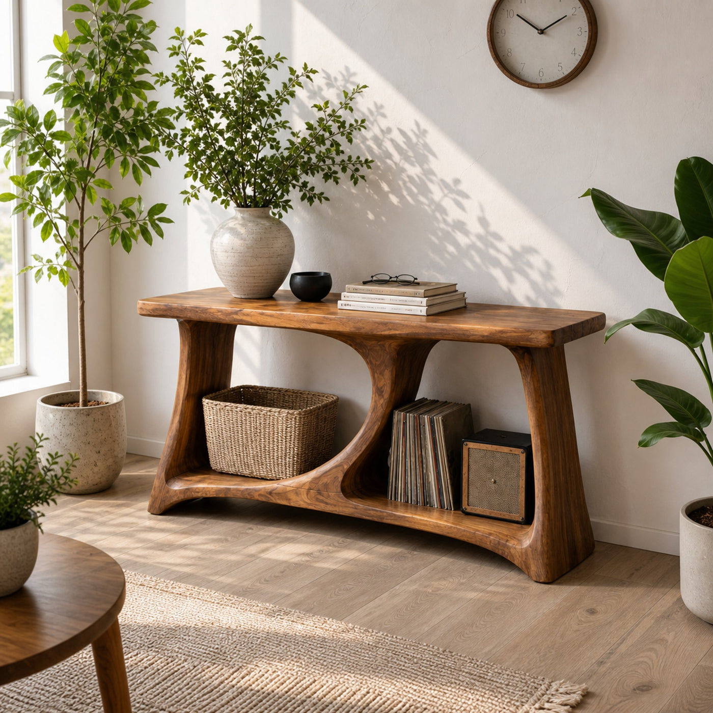 Rustic Sculptural Wood Console Table Organic Tree Inspired Design For Living Room