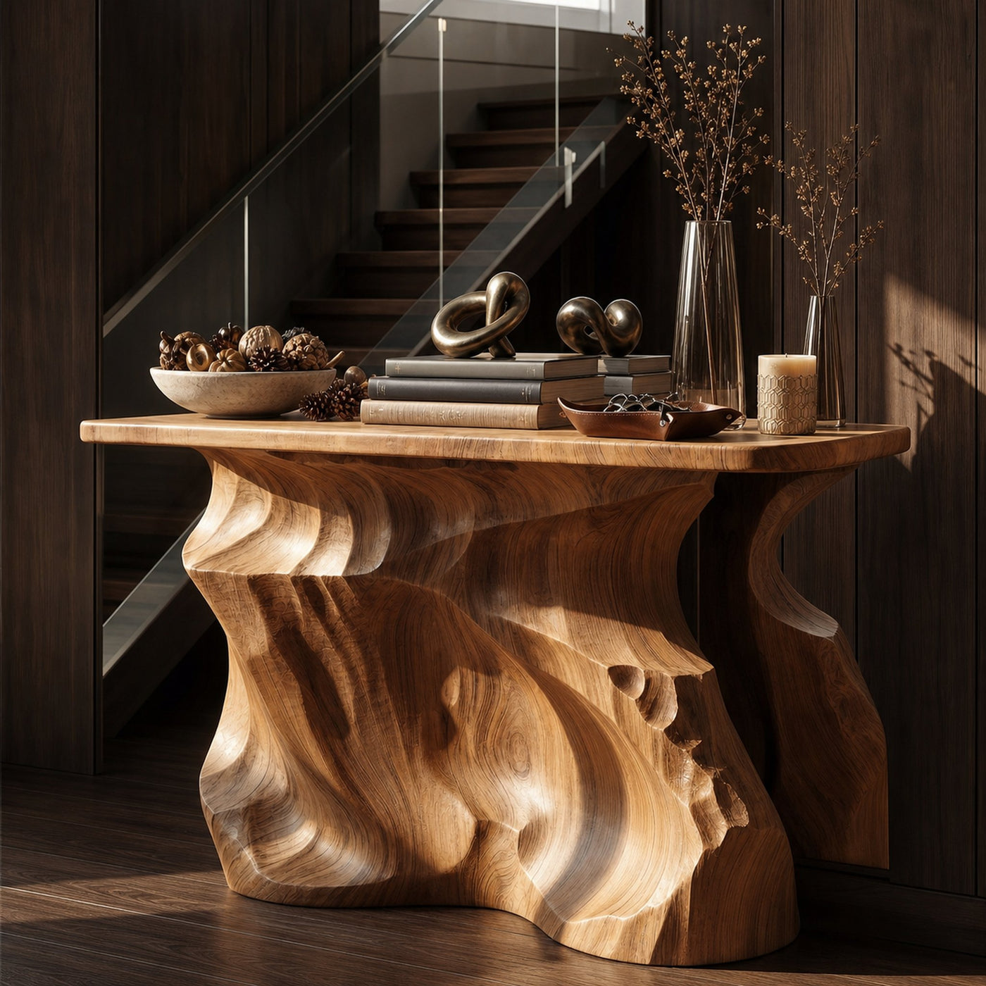 Rustic Solid Sculptural Console Table Entryway Hallway Living Room