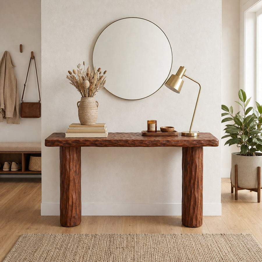 Rustic Textured Wood Console Table Sofa Back Living Room