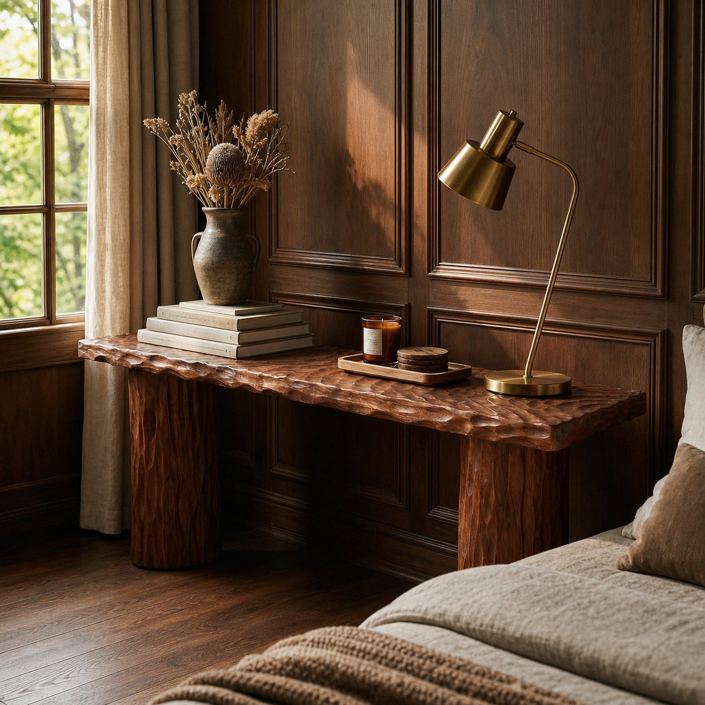 Rustic Textured Wood Console Table Sofa Back Living Room - product view 3