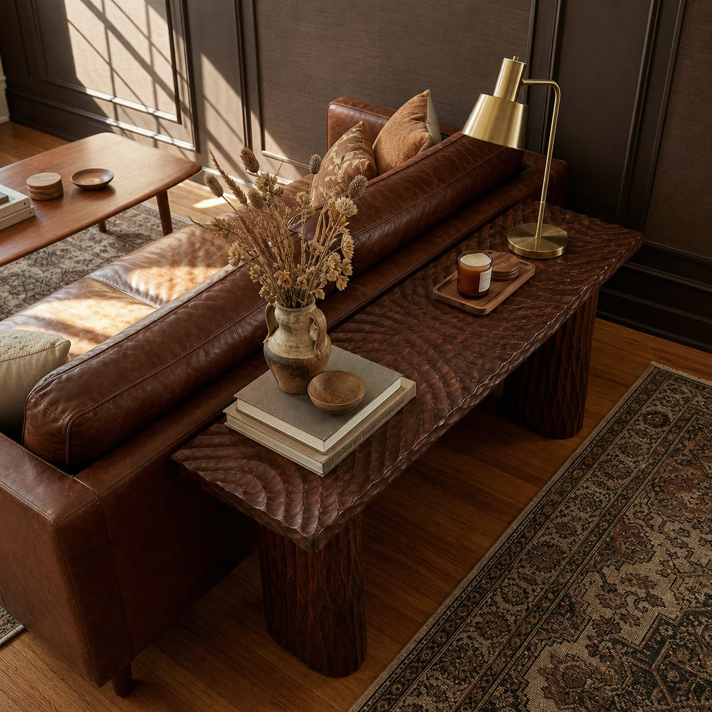 Rustic Textured Wood Console Table Sofa Back Living Room - product view 4