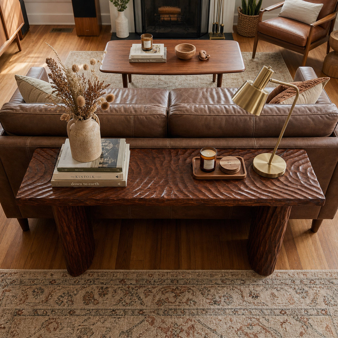 Rustic Textured Wood Console Table Sofa Back Living Room - product view 5