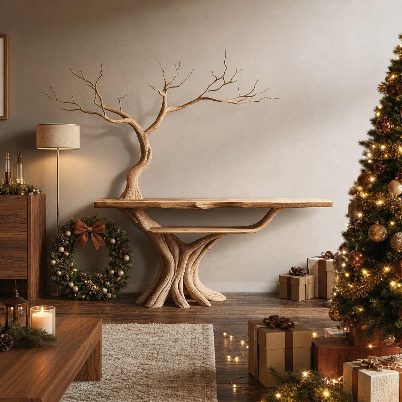 Rustic Tree Console Table Christmas Home Entryway Decor