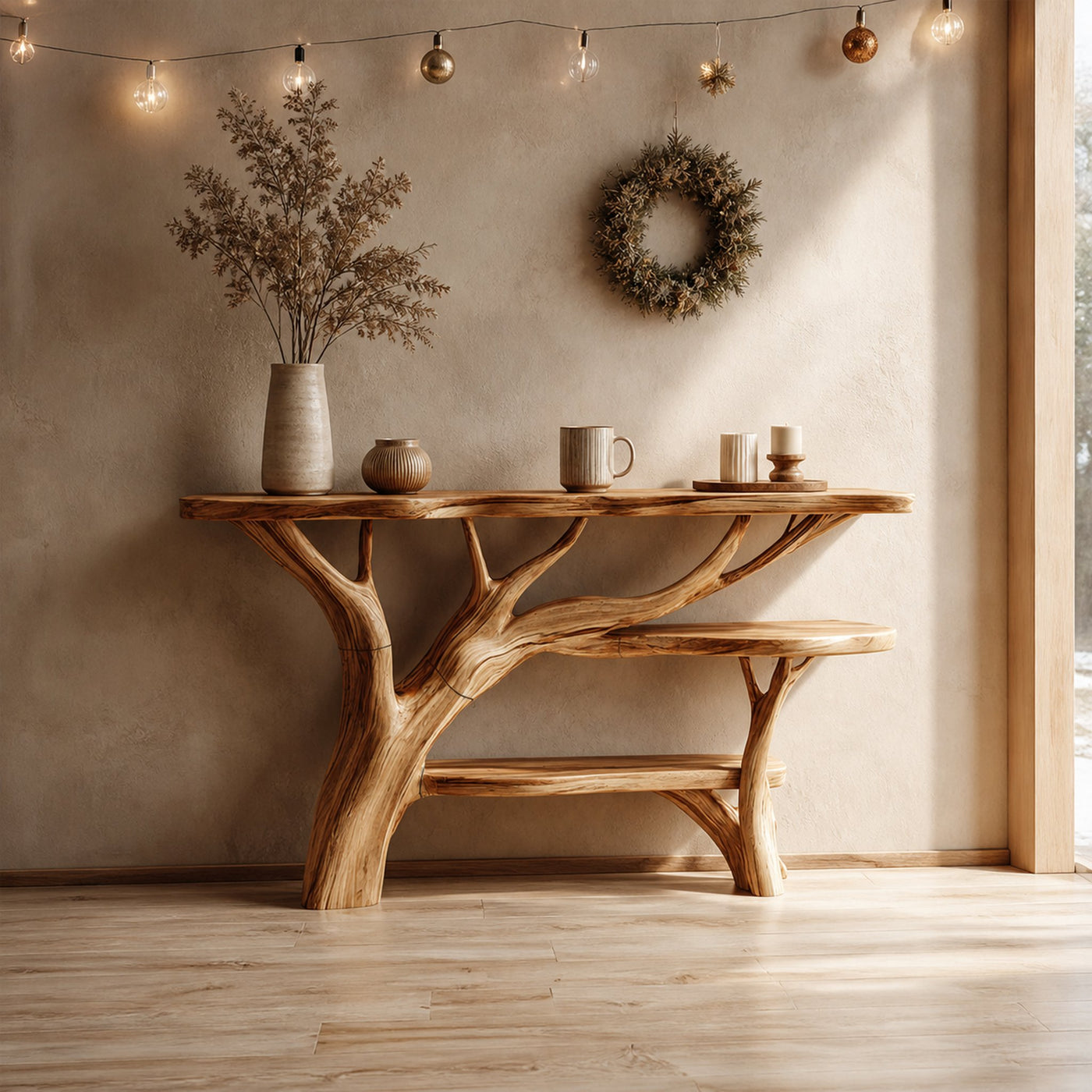 Rustic Tree Console Table Holiday Living Room Arrangement