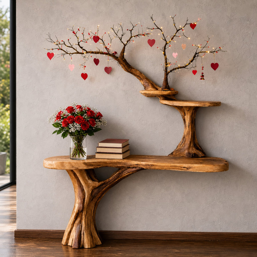 Rustic Tree Inspired Console Shelf Handcrafted For Entryway