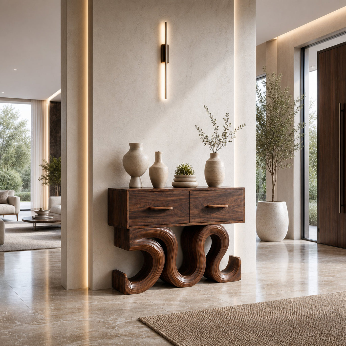 Rustic Wood Console Table With Unique Sculptural Base For Interior