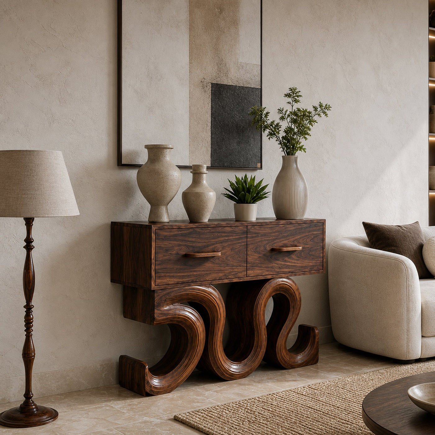Rustic Wood Console Table With Unique Sculptural Base For Interior - product view 7