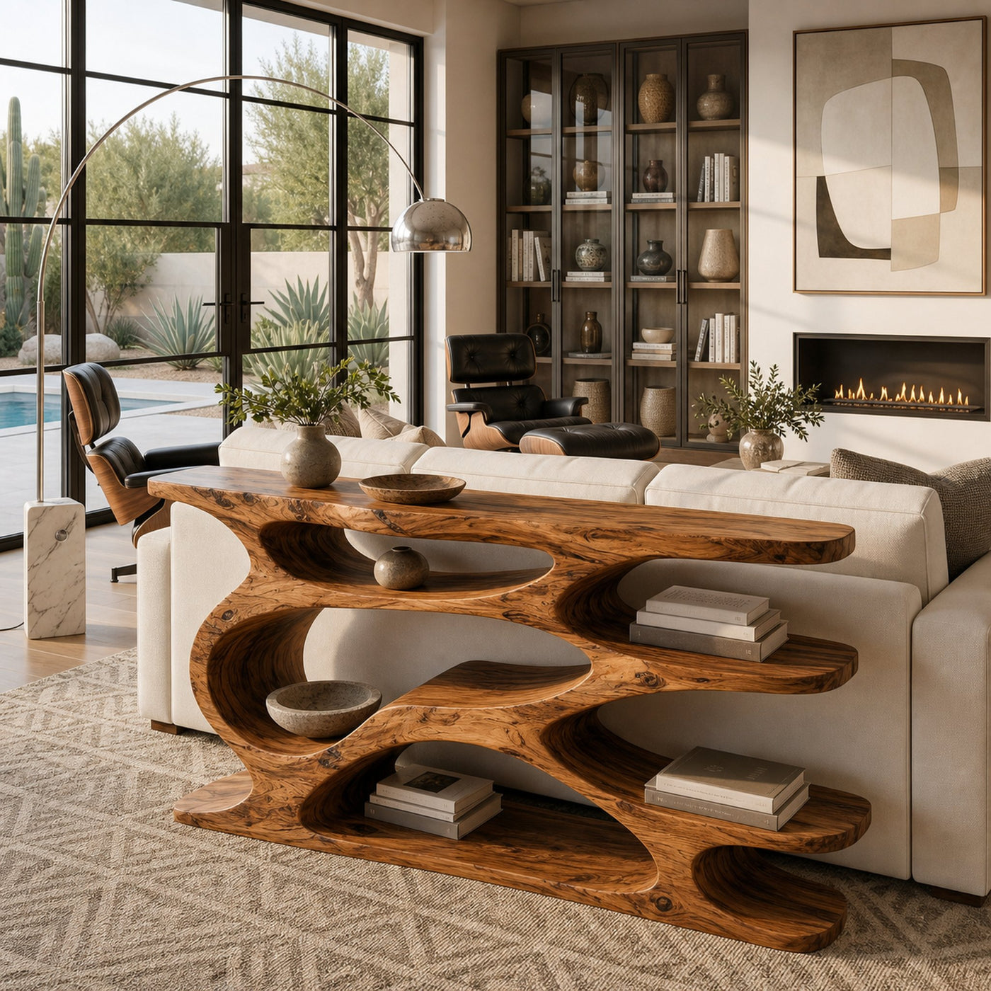 Rustic Wooden Console Table With Curved Open Storage For Living