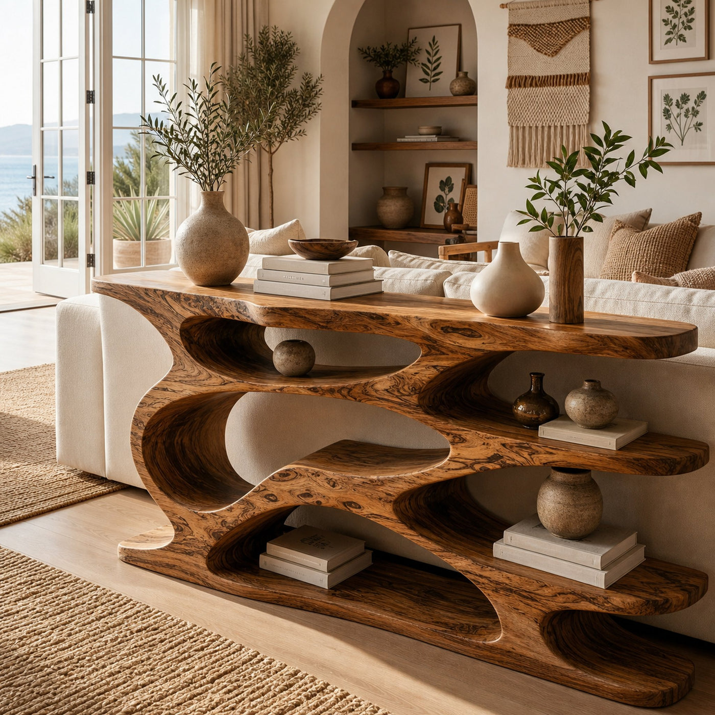 Rustic Wooden Console Table With Curved Open Storage For Living - product view 6