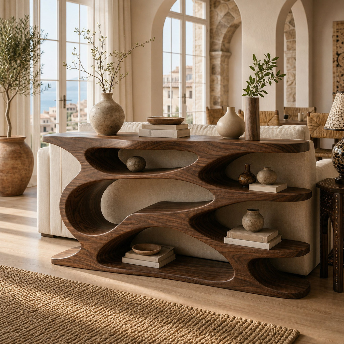 Rustic Wooden Console Table With Curved Open Storage For Living - product view 7