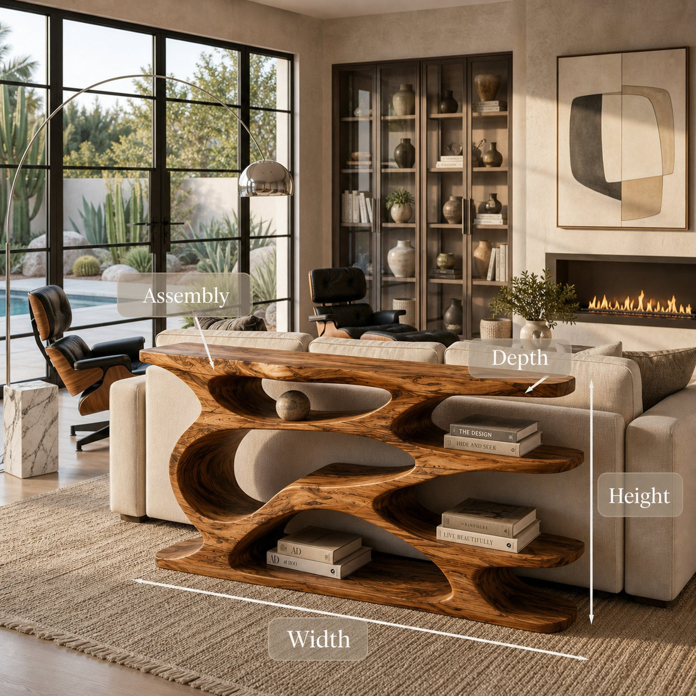 Rustic Wooden Console Table With Curved Open Storage For Living - product view 8