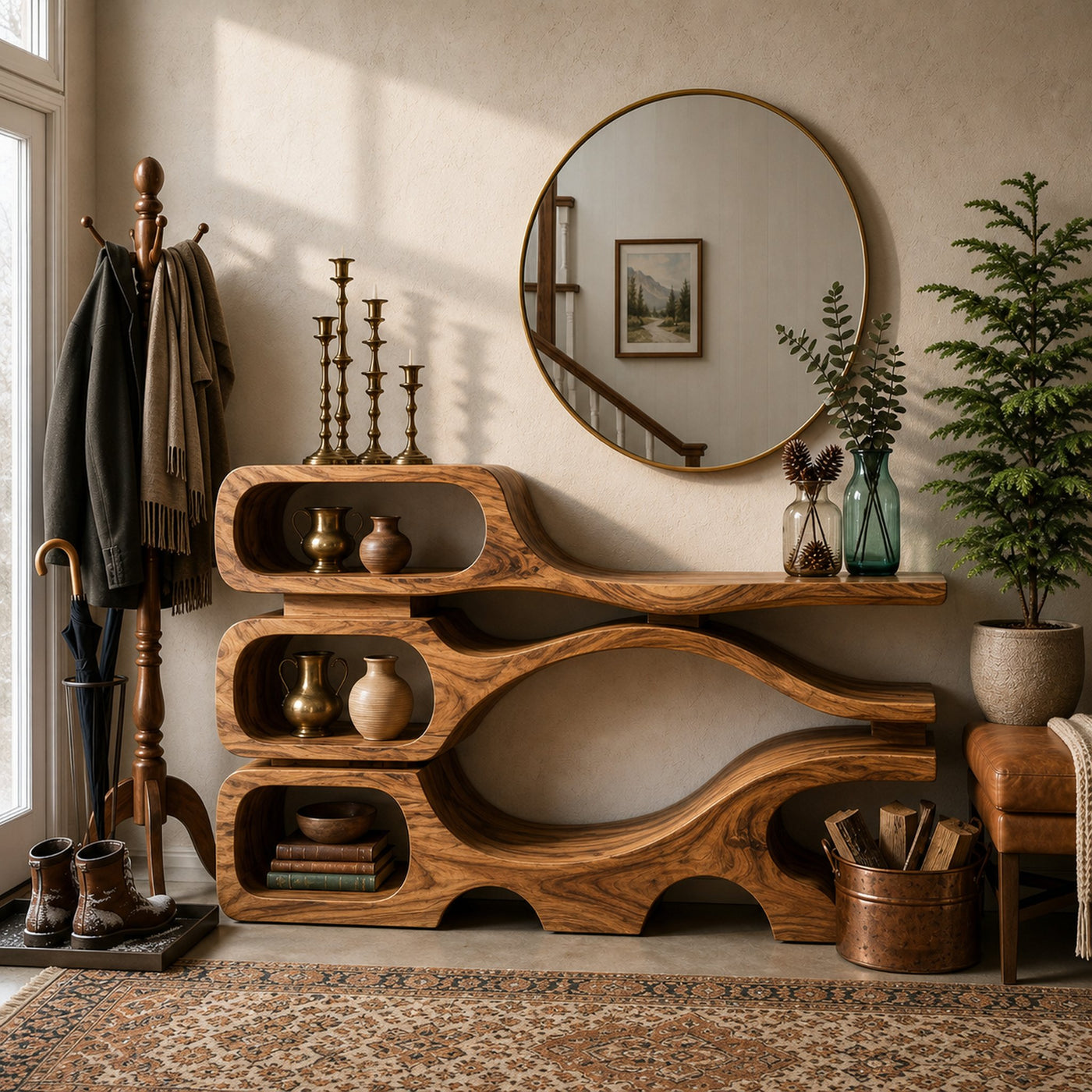 Rustic Wooden Console Table With Sculptural Hollow For Interior