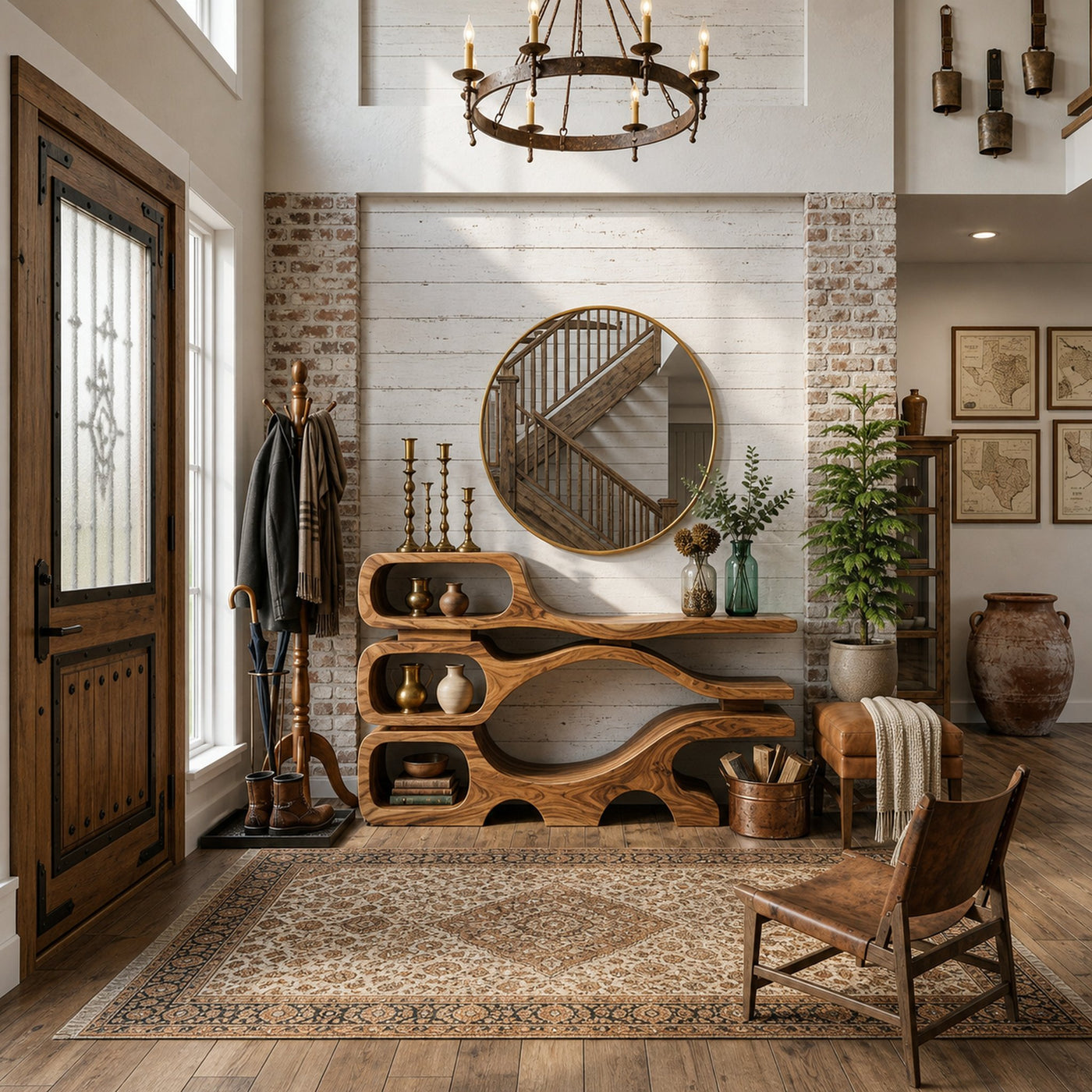 Rustic Wooden Console Table With Sculptural Hollow For Interior - product view 6