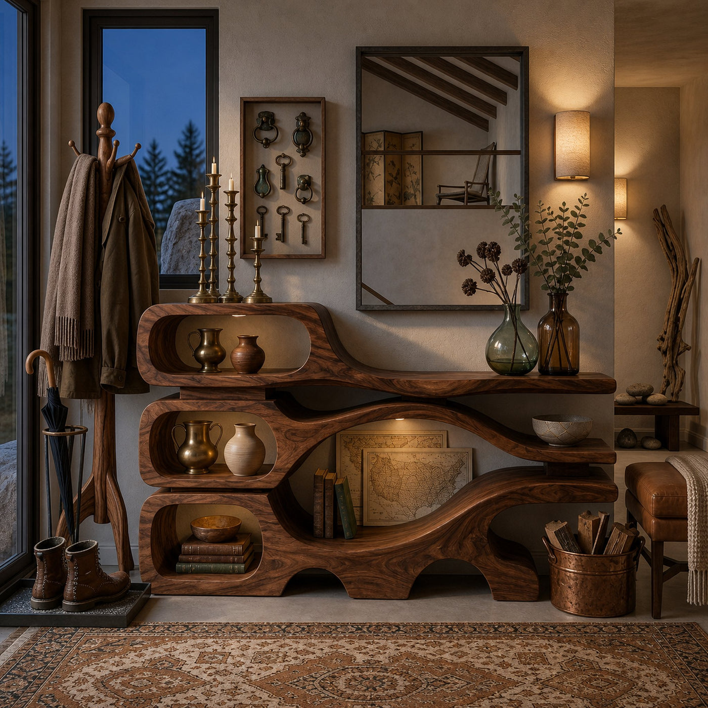 Rustic Wooden Console Table With Sculptural Hollow For Interior - product view 7