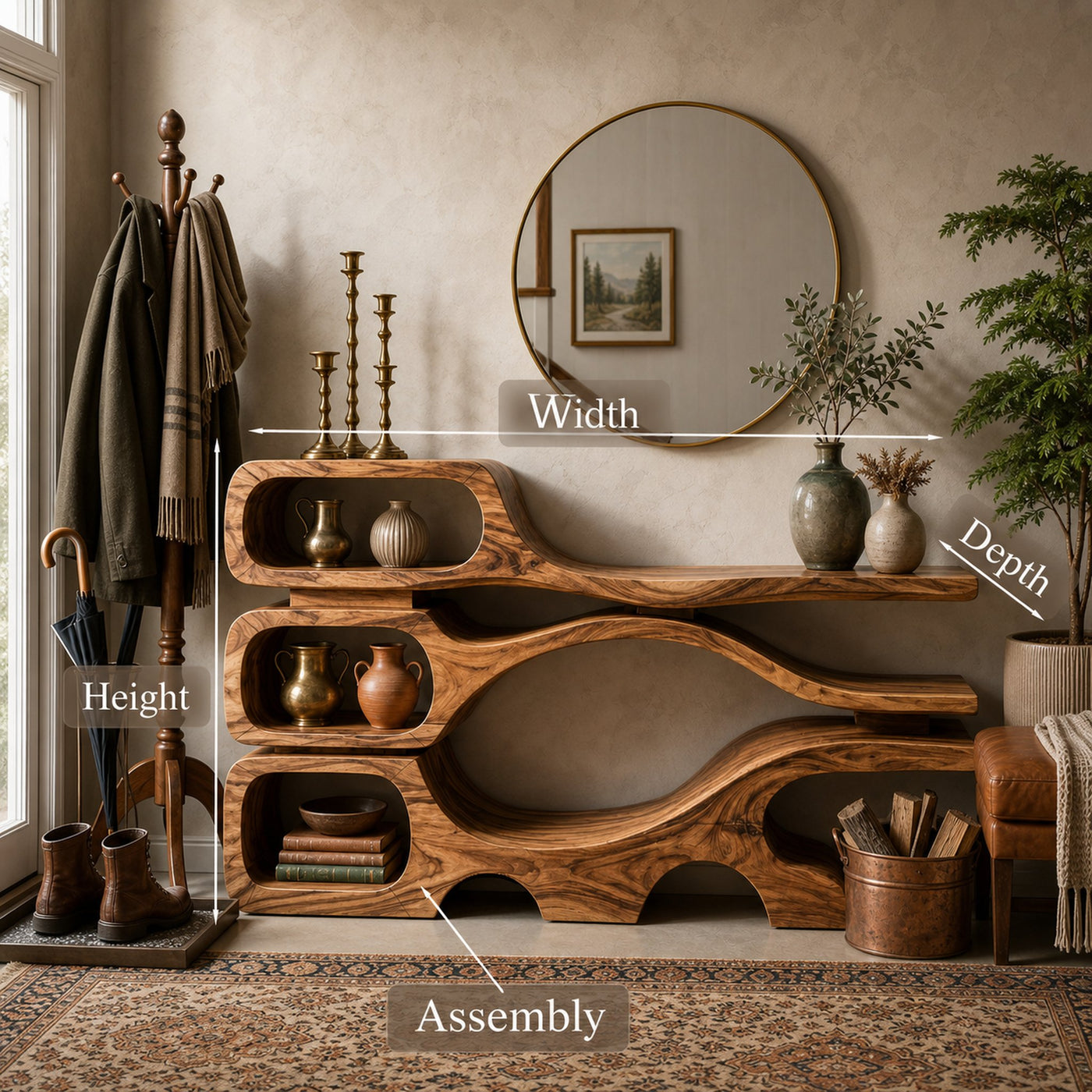 Rustic Wooden Console Table With Sculptural Hollow For Interior - product view 8