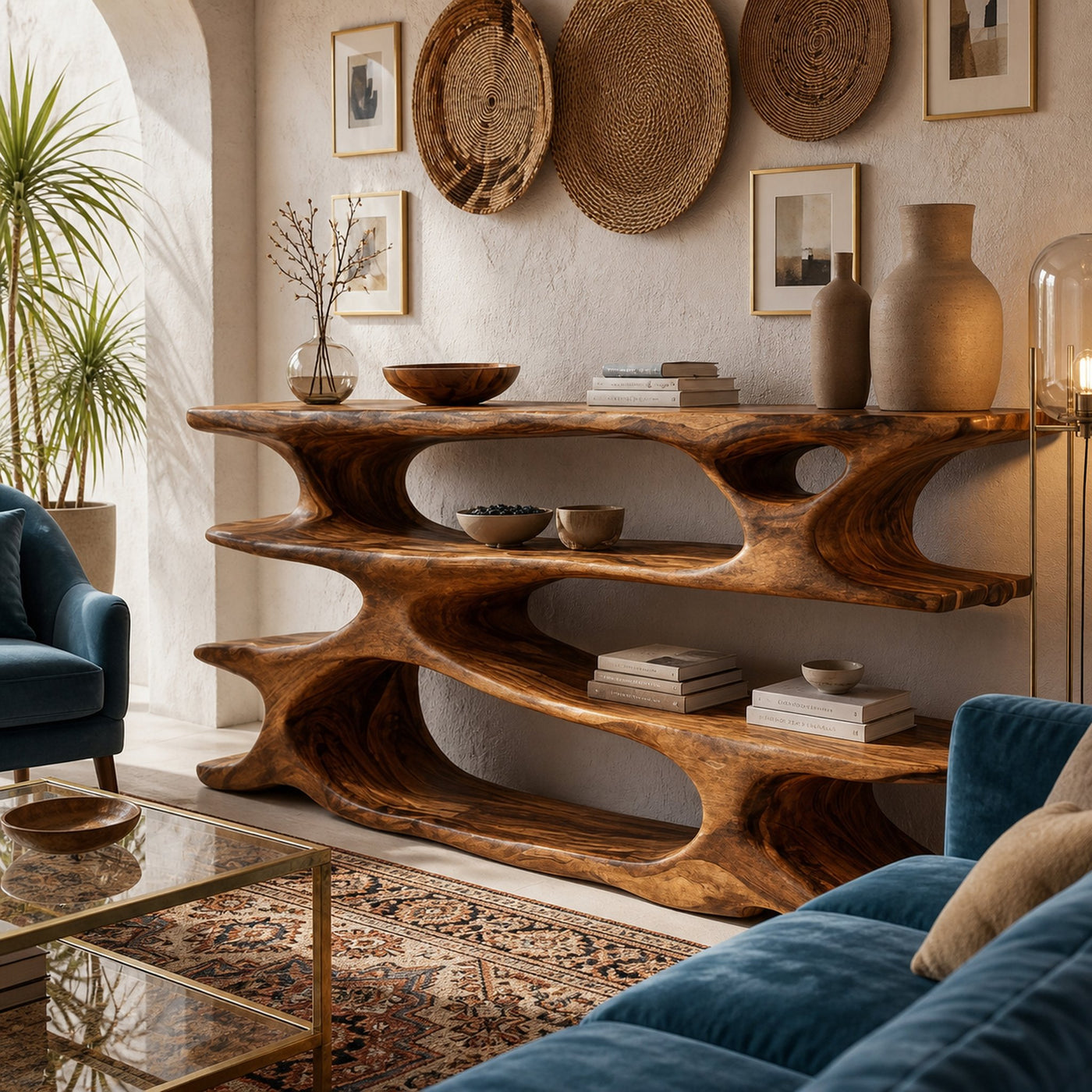 Rustic Wooden Console Table With Tiers For Living Decor