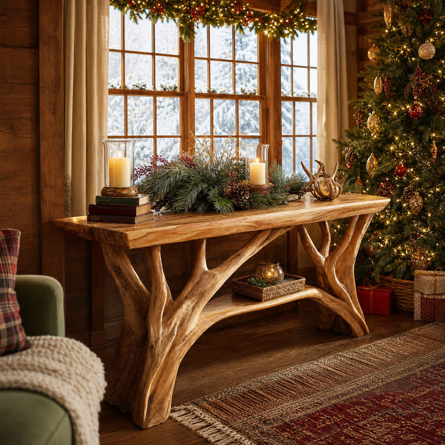 Rustic Wooden Live Edge Console Table For Christmas Living Room
