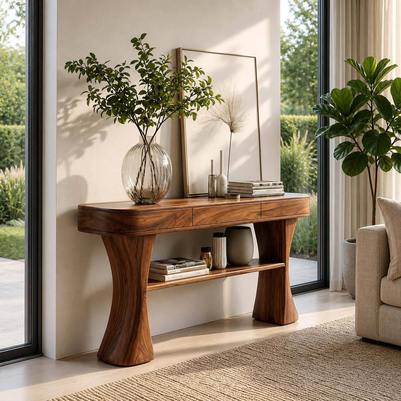 Scandinavian Sculptural Wood Console Table For Entryway