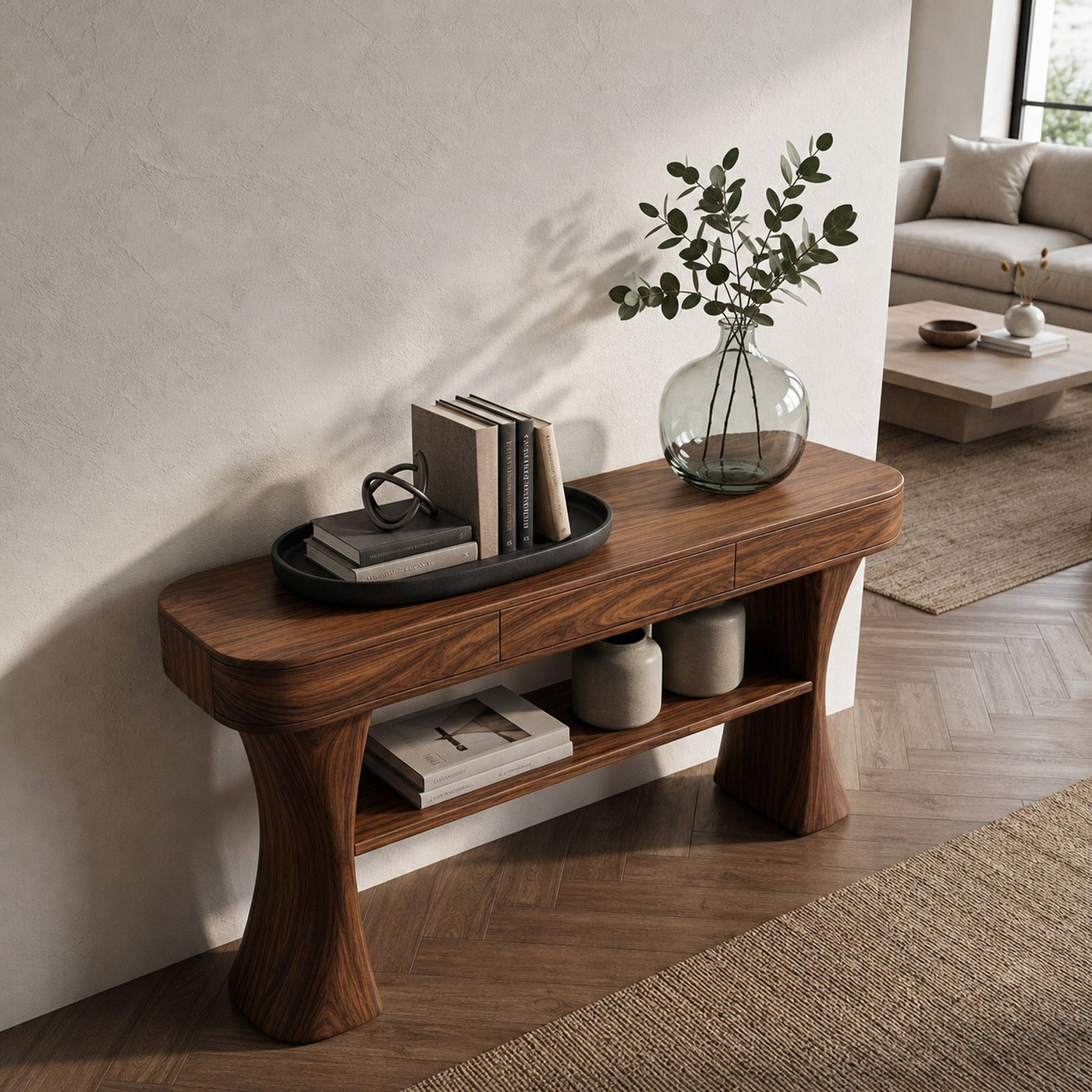 Scandinavian Sculptural Wood Console Table For Entryway - product view 3