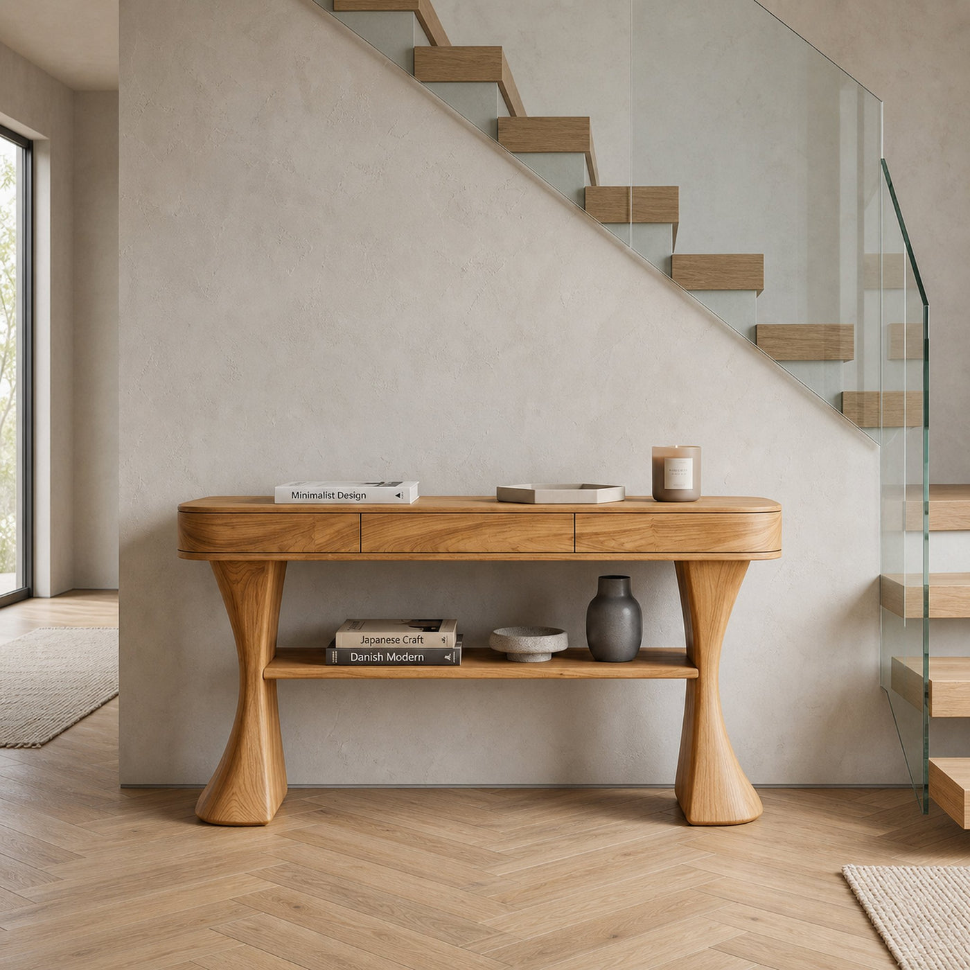Scandinavian Sculptural Wood Console Table For Entryway - product view 5
