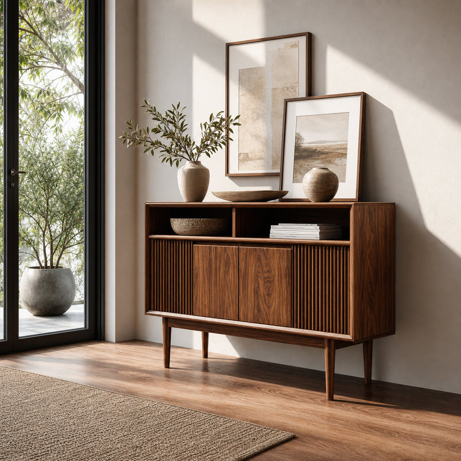 Scandinavian Wooden Console Table With Carved Fluted For Entryway