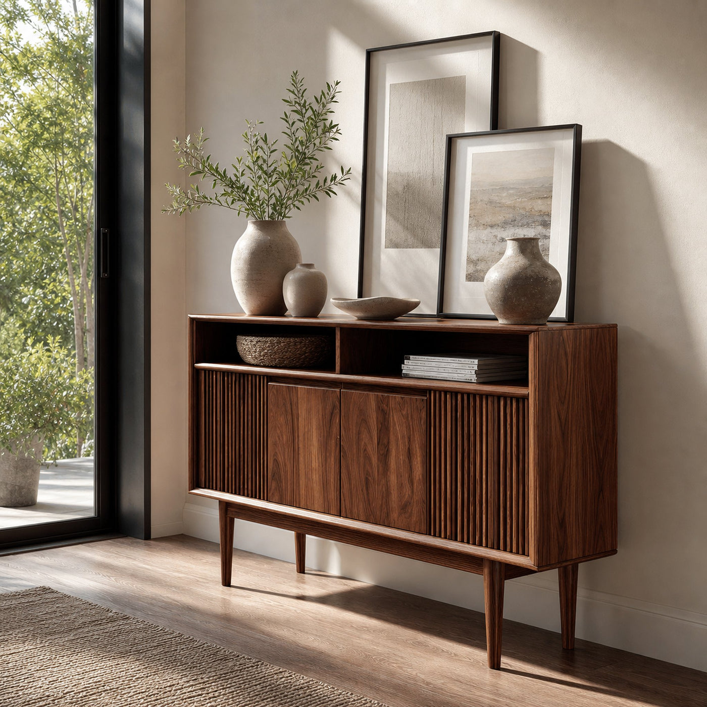 Scandinavian Wooden Console Table With Carved Fluted For Entryway - product view 6