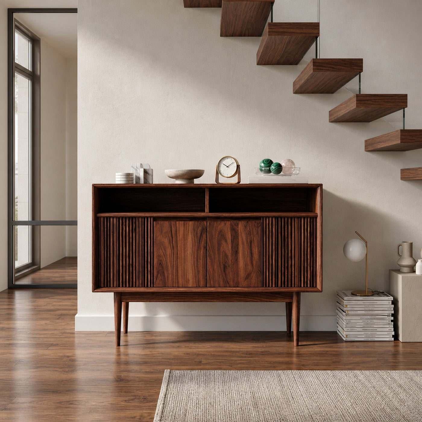 Scandinavian Wooden Console Table With Carved Fluted For Entryway - product view 7