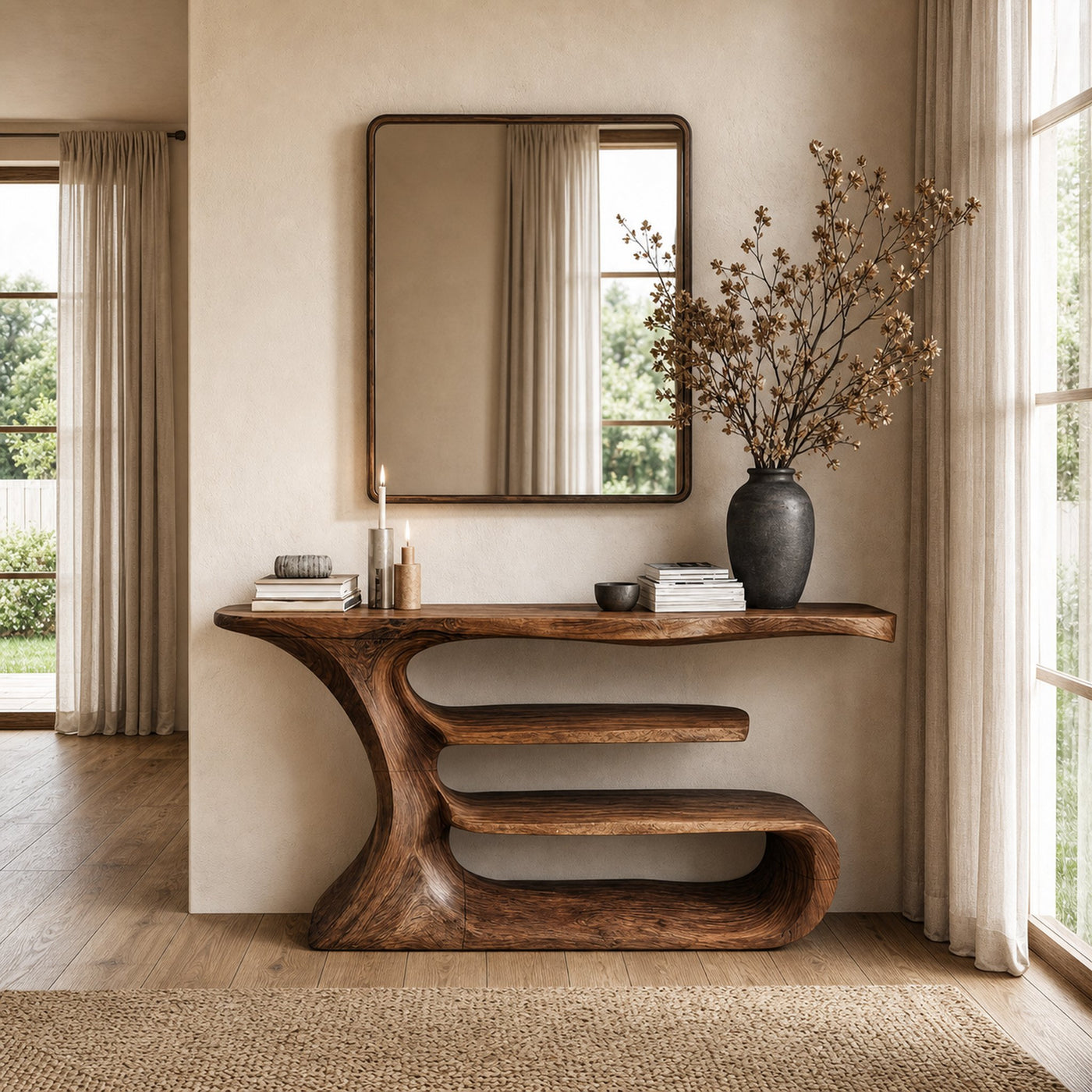Sculptural Console Table Solid Wood For Elegant Living Room