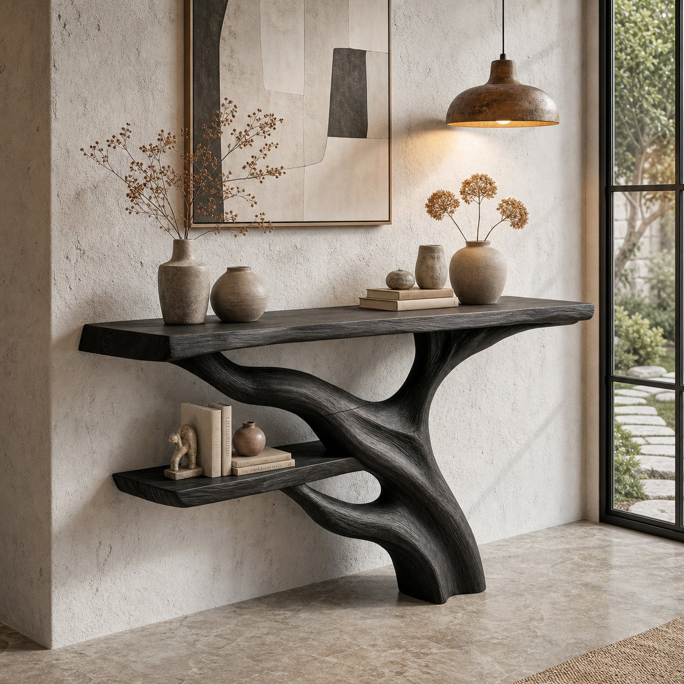 Sculptural Console Table With Abstract Branch Inspired Base And Solid Wood Top For Entryway