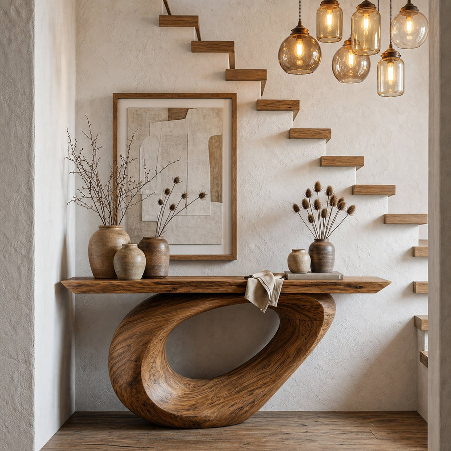 Sculptural Console Table With Curved Loop Wooden Base For Entryway