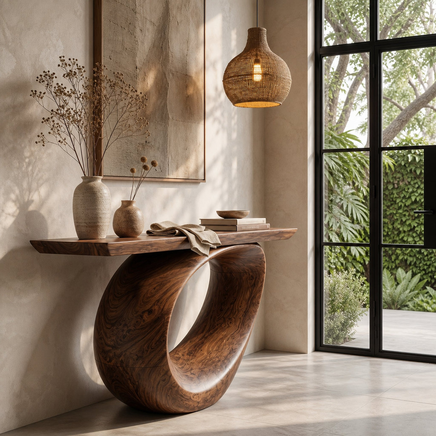 Sculptural Console Table With Curved Loop Wooden Base For Entryway - product view 7