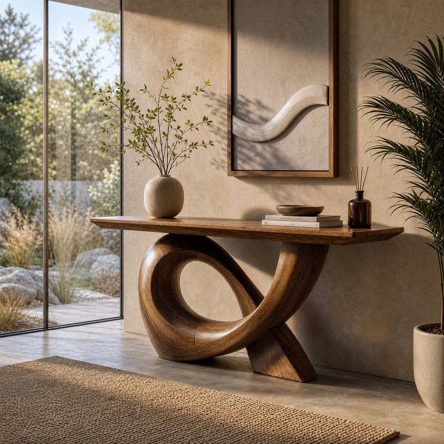Sculptural Console Table With Flowing Curved Wood Base For Entryway And Living Room