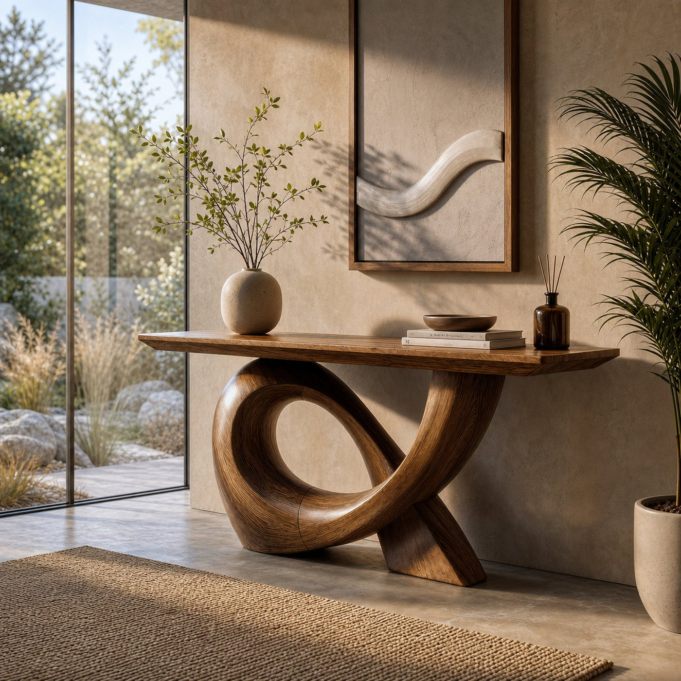 Sculptural Console Table With Flowing Curved Wood Base For Entryway And Living Room