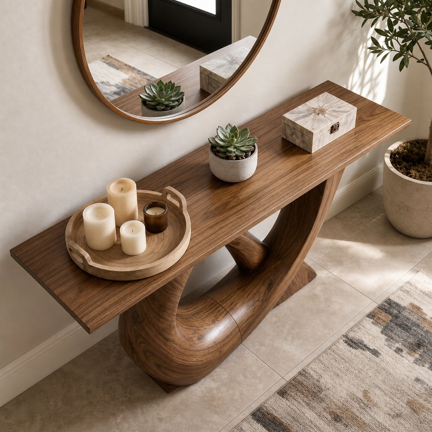 Sculptural Console Table With Flowing Curved Wood Base For Entryway And Living Room - product view 2
