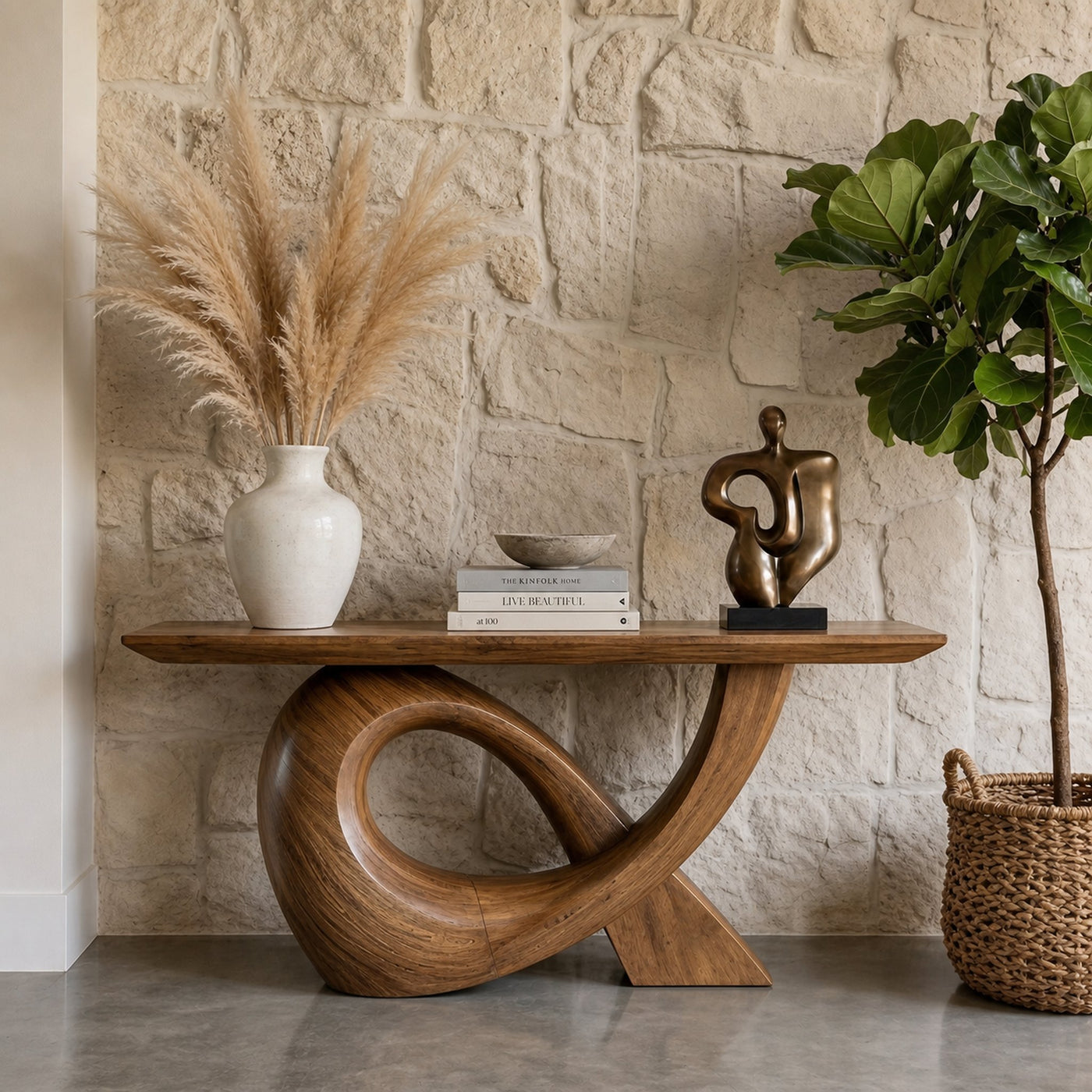 Sculptural Console Table With Flowing Curved Wood Base For Entryway And Living Room - product view 3
