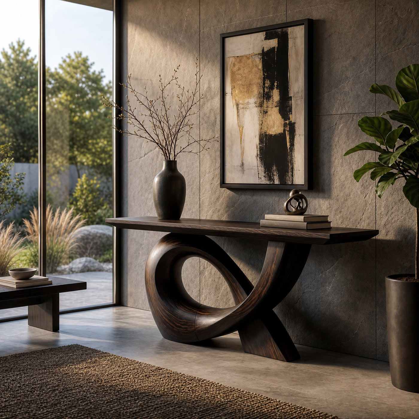 Sculptural Console Table With Flowing Curved Wood Base For Entryway And Living Room - product view 4