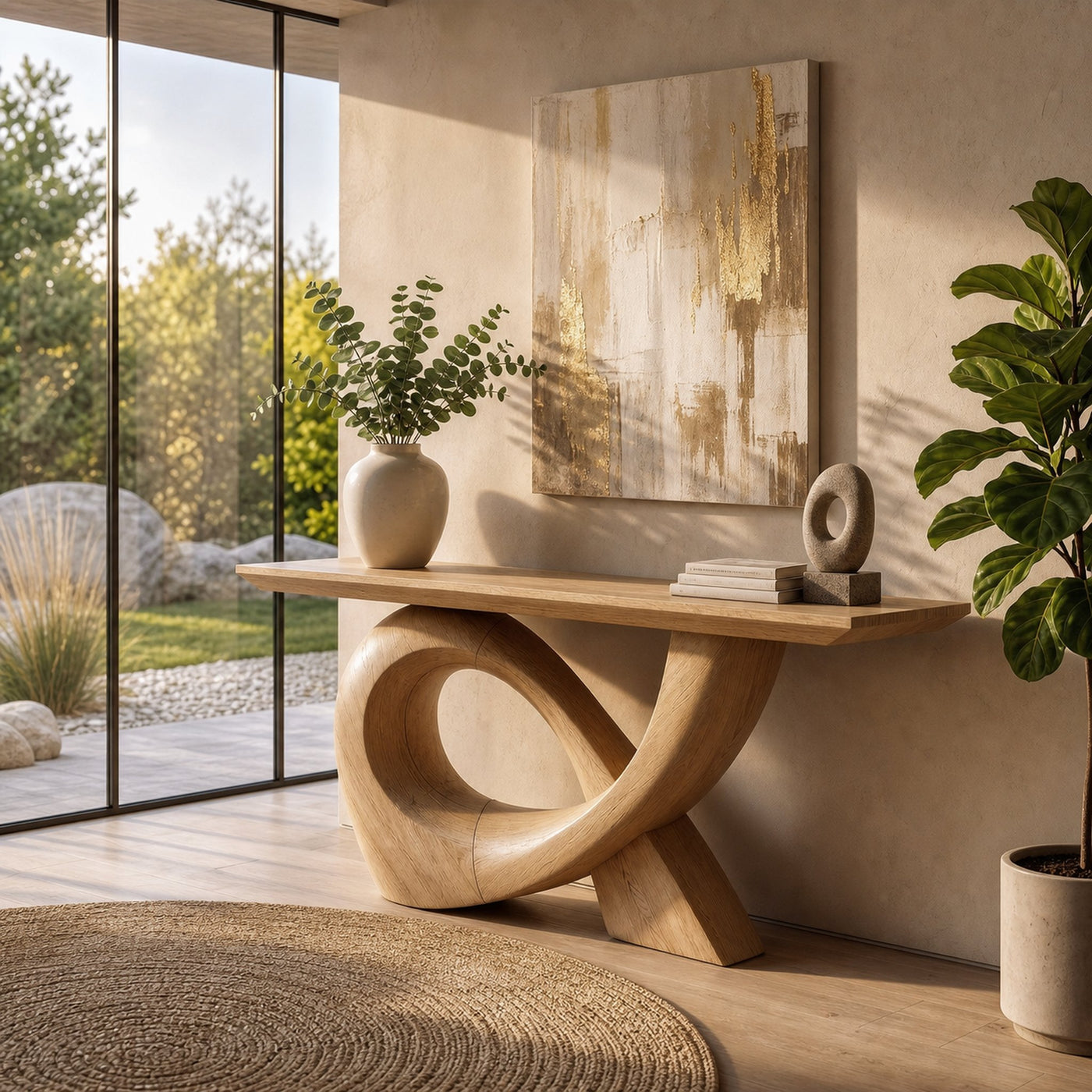 Sculptural Console Table With Flowing Curved Wood Base For Entryway And Living Room - product view 5
