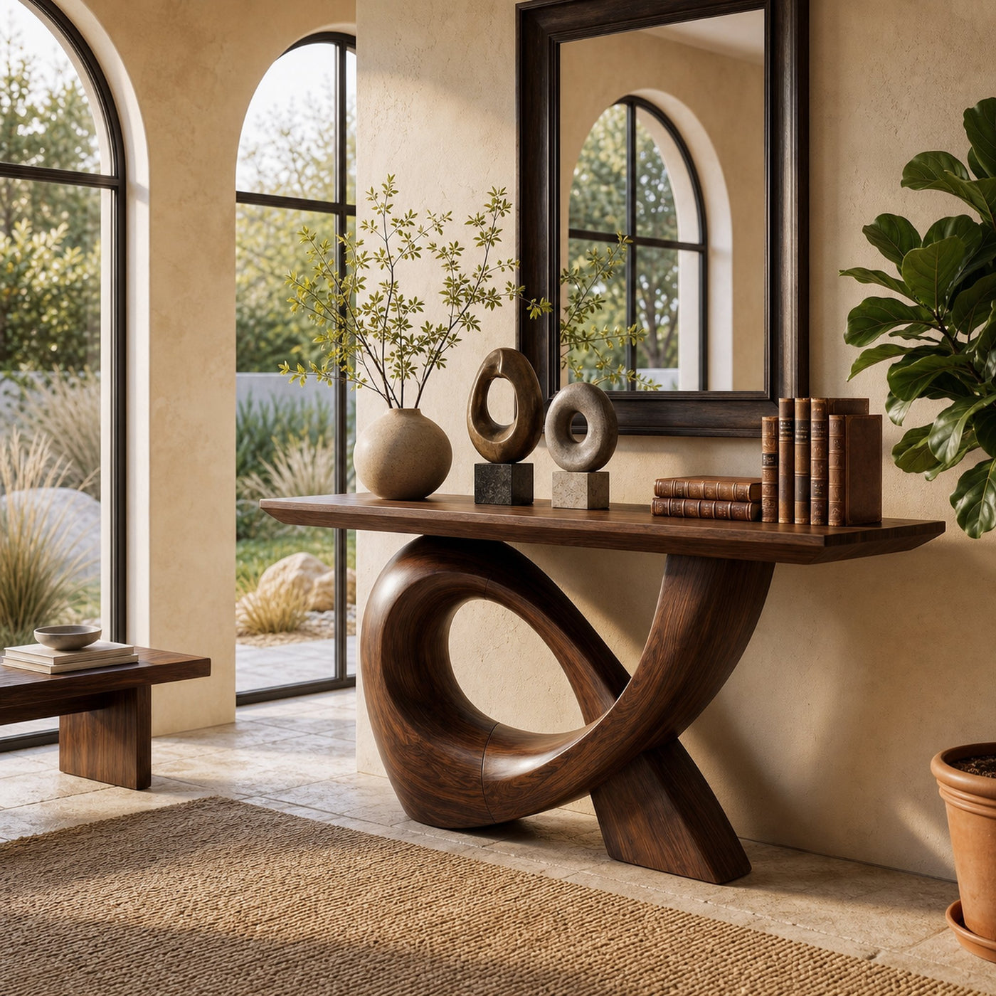 Sculptural Console Table With Flowing Curved Wood Base For Entryway And Living Room - product view 7