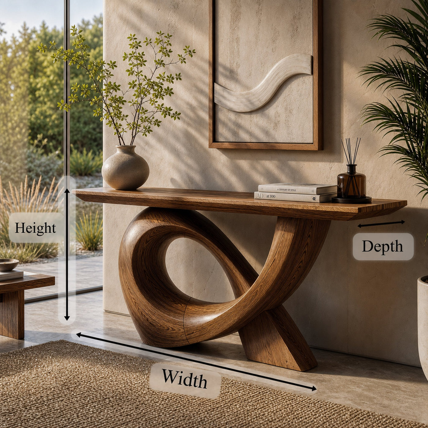 Sculptural Console Table With Flowing Curved Wood Base For Entryway And Living Room - product view 8