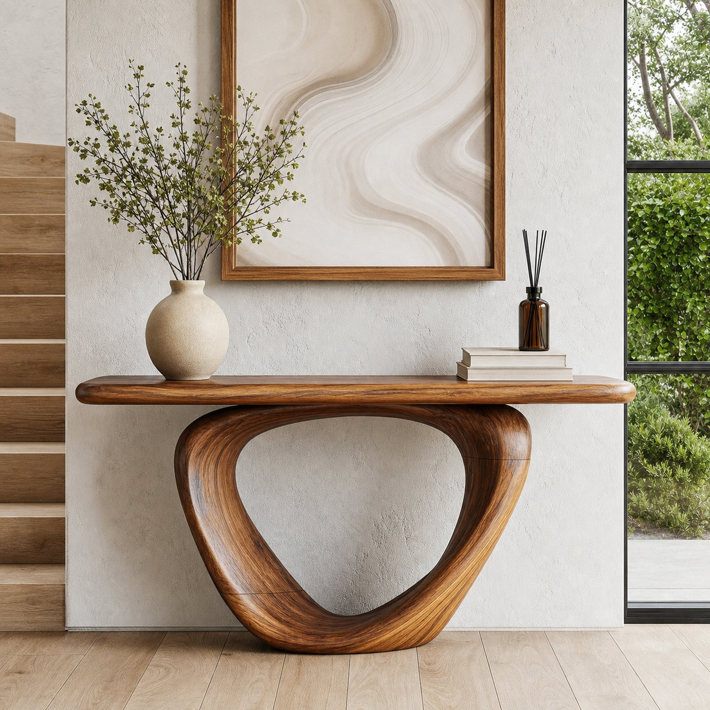 Sculptural Console Table With Loop Shaped Wooden Base Live Edge Console Table With Unique Sculptural Base Design