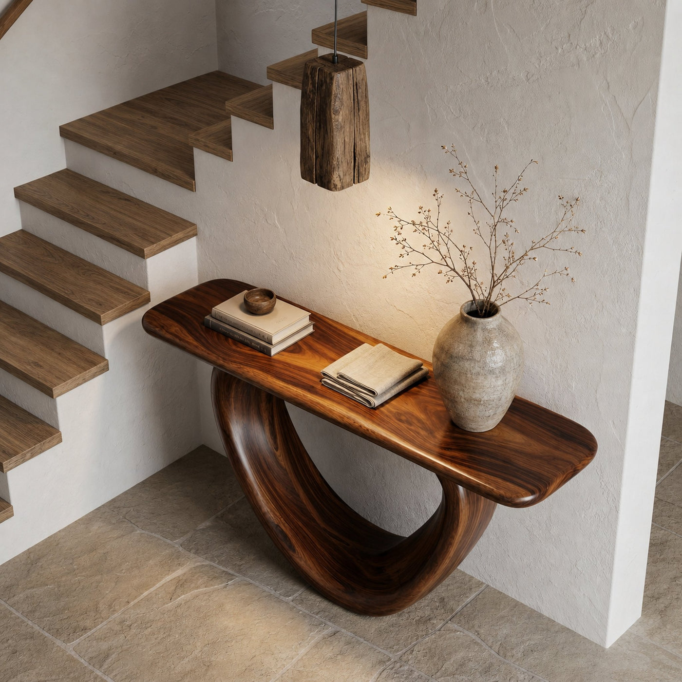 Sculptural Console Table With Loop Shaped Wooden Base Live Edge Console Table With Unique Sculptural Base Design - product…