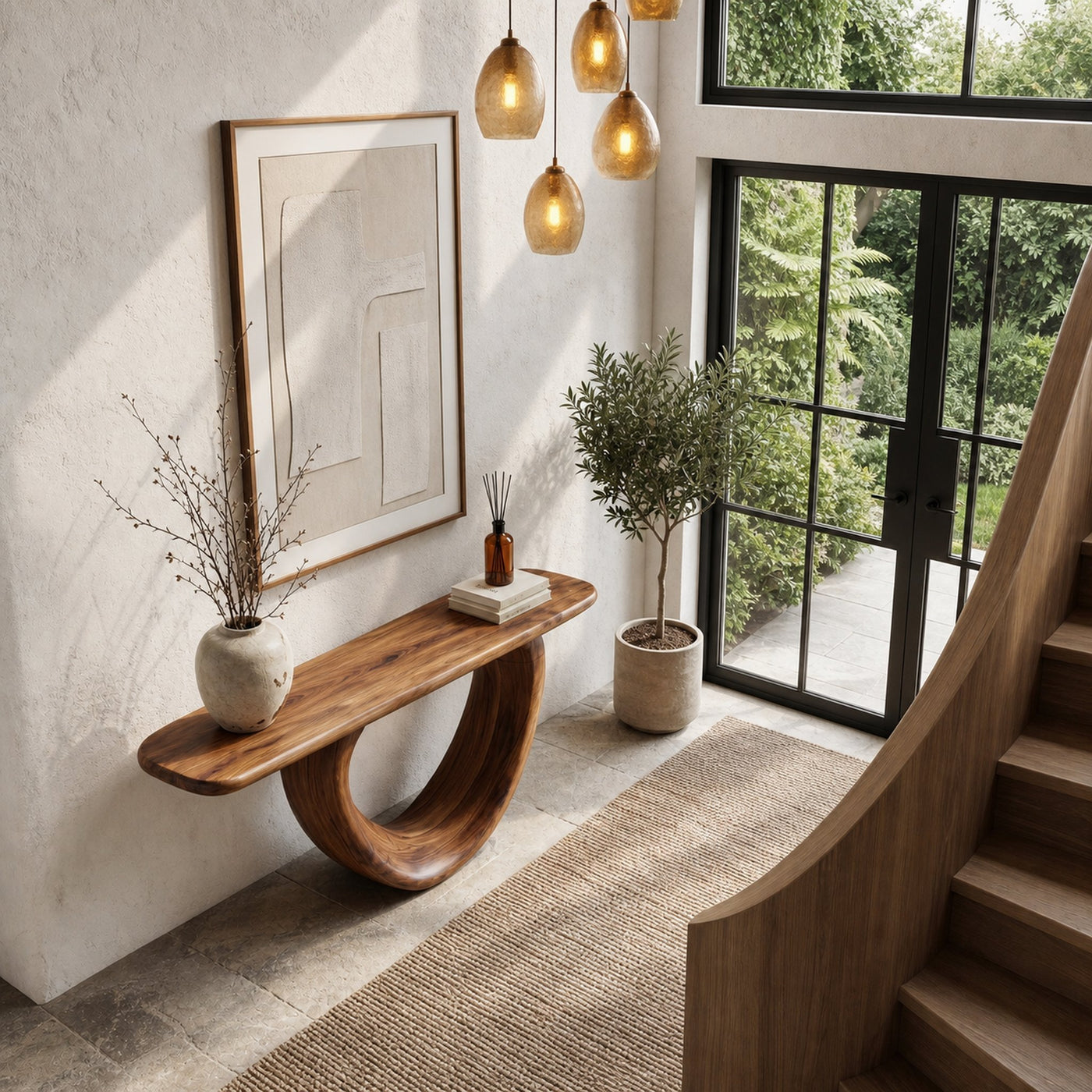 Sculptural Console Table With Loop Shaped Wooden Base Live Edge Console Table With Unique Sculptural Base Design - product…