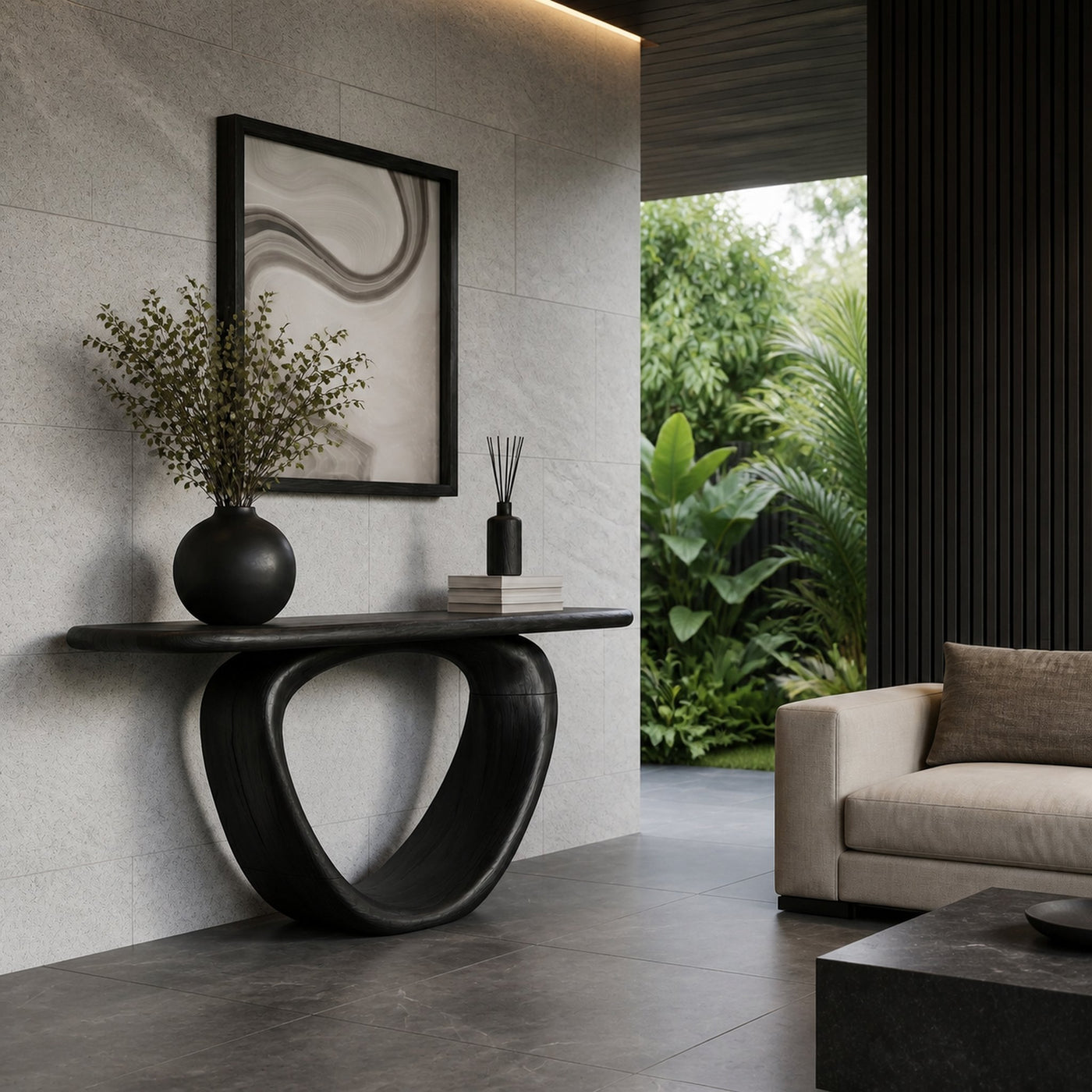 Sculptural Console Table With Loop Shaped Wooden Base Live Edge Console Table With Unique Sculptural Base Design - product…