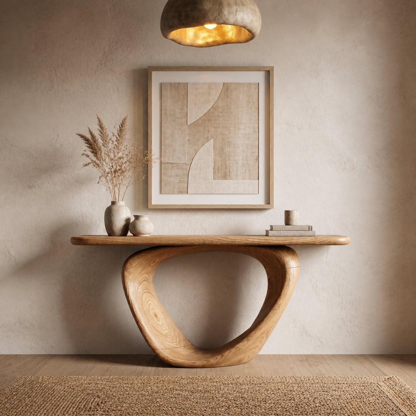 Sculptural Console Table With Loop Shaped Wooden Base Live Edge Console Table With Unique Sculptural Base Design - product…
