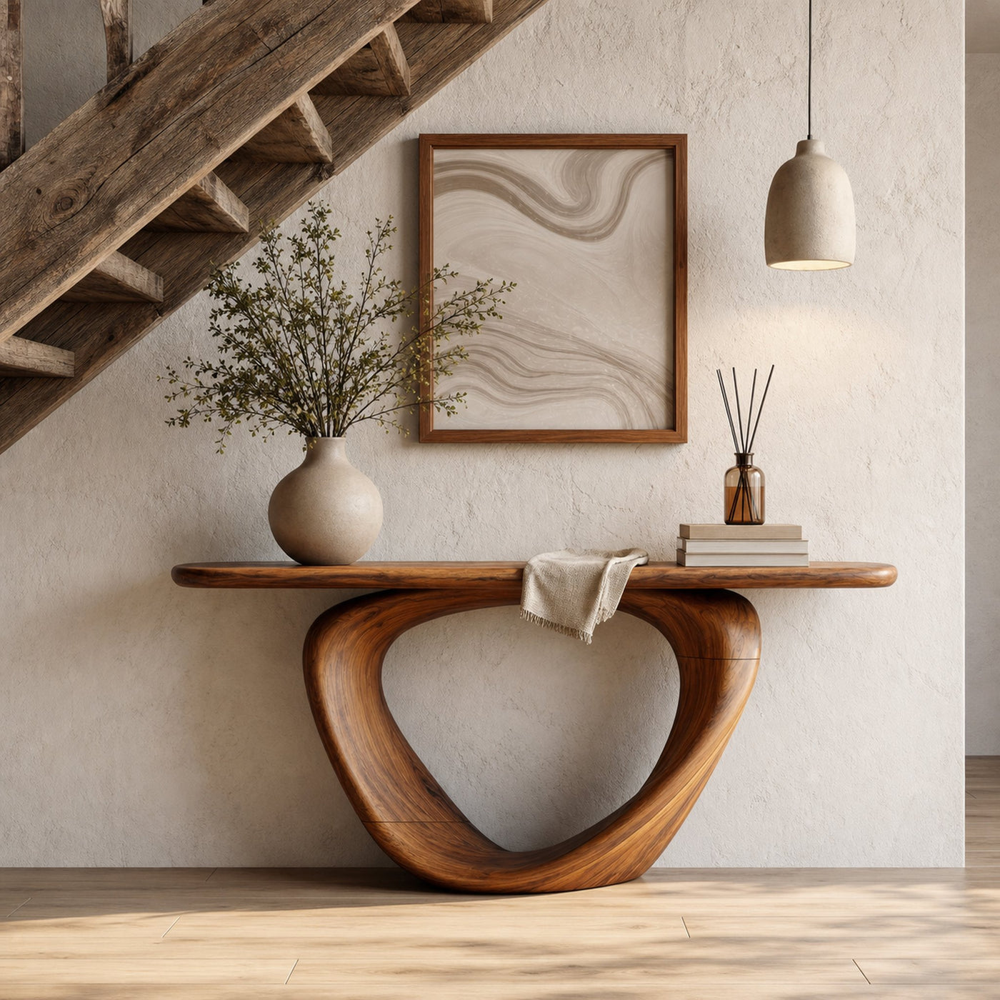 Sculptural Console Table With Loop Shaped Wooden Base Live Edge Console Table With Unique Sculptural Base Design - product…