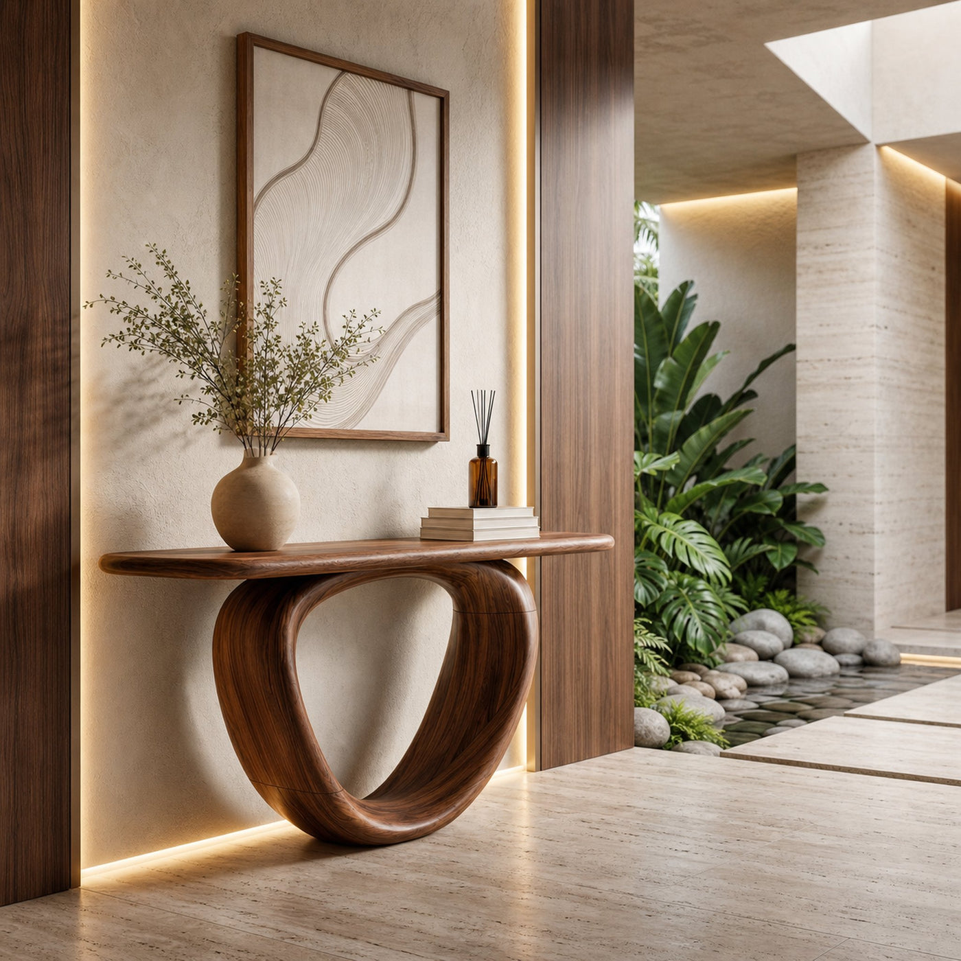 Sculptural Console Table With Loop Shaped Wooden Base Live Edge Console Table With Unique Sculptural Base Design - product…