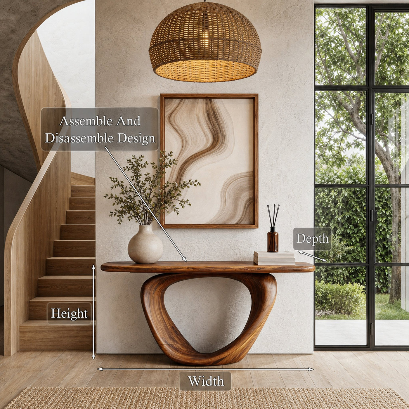 Sculptural Console Table With Loop Shaped Wooden Base Live Edge Console Table With Unique Sculptural Base Design - product…