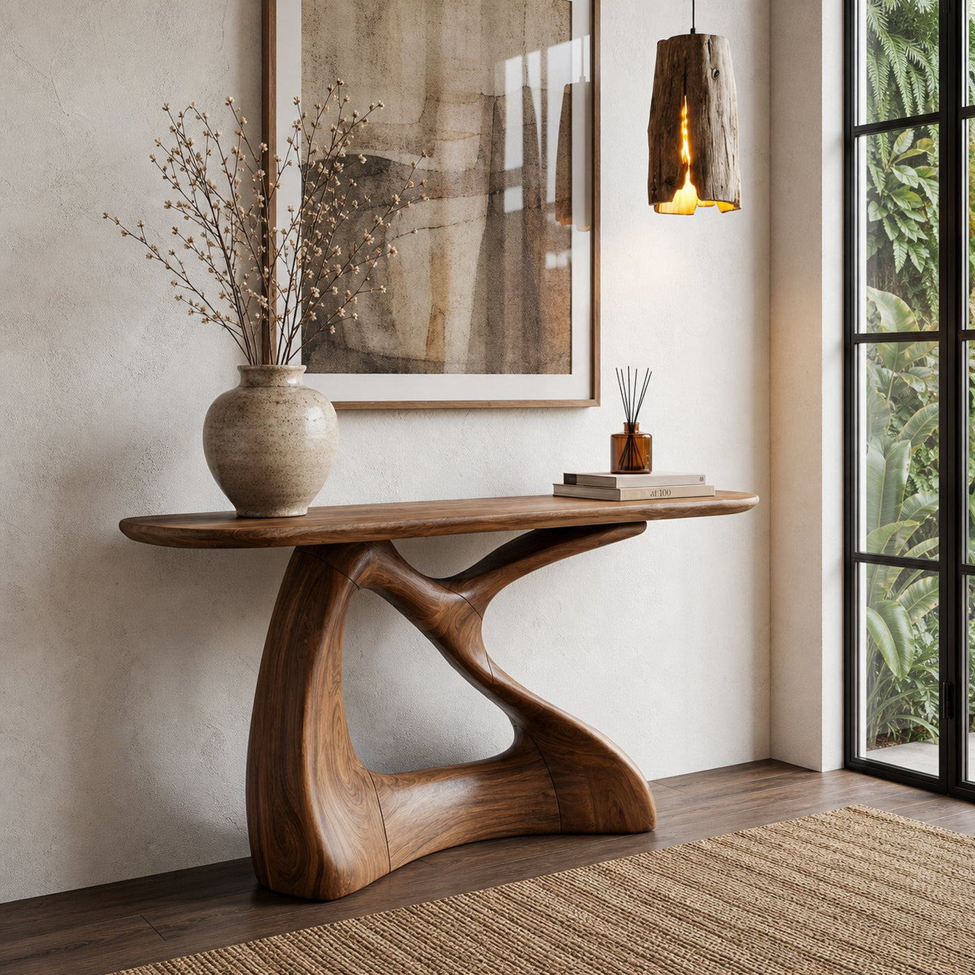 Sculptural Console Table With Twisted Wooden Base For Entryway