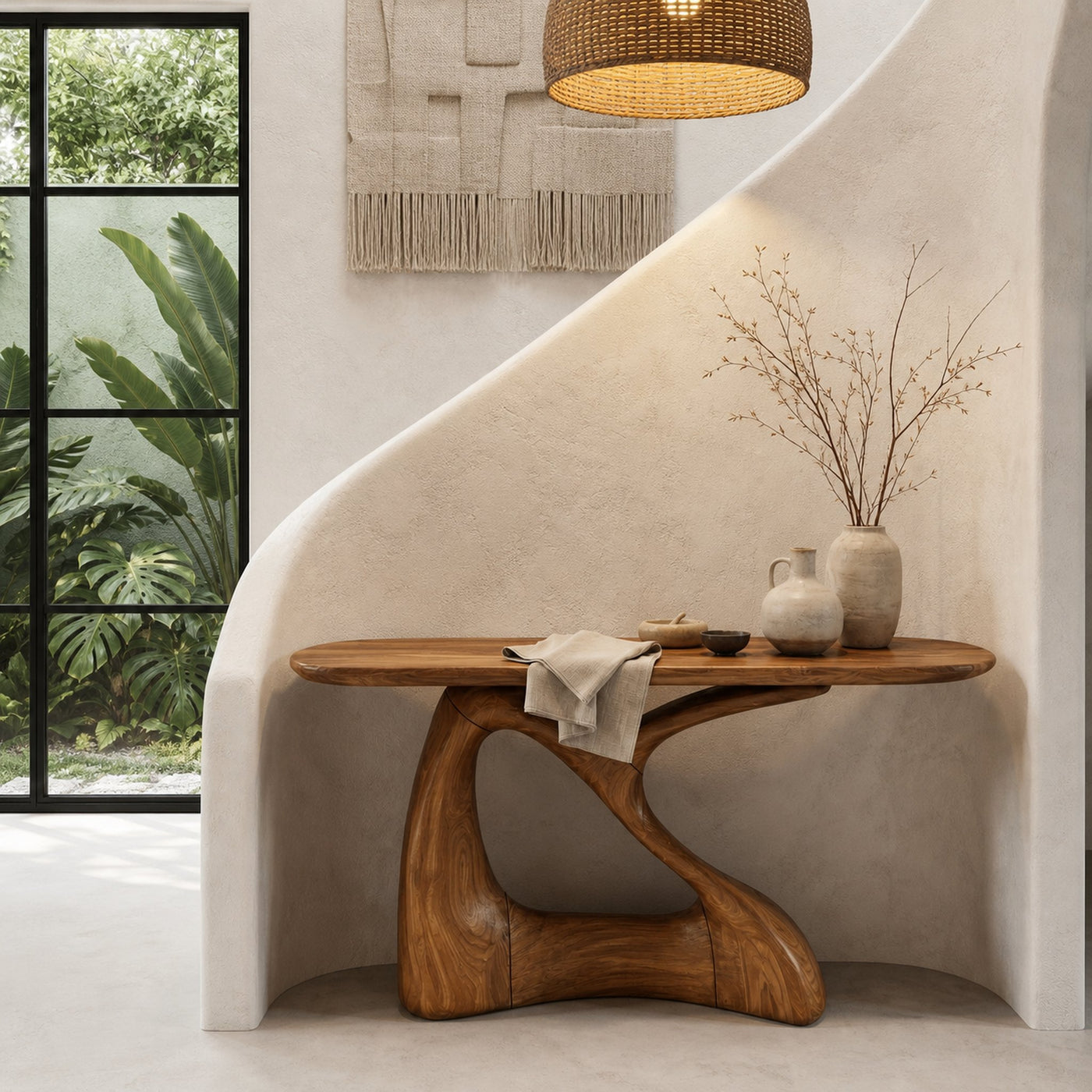 Sculptural Console Table With Twisted Wooden Base For Entryway - product view 6